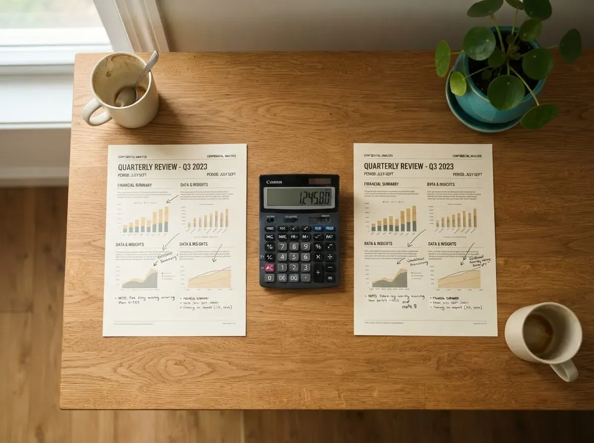 Two financial documents separated on wooden desk with calculator in center, two mugs at opposite corners, structured setup