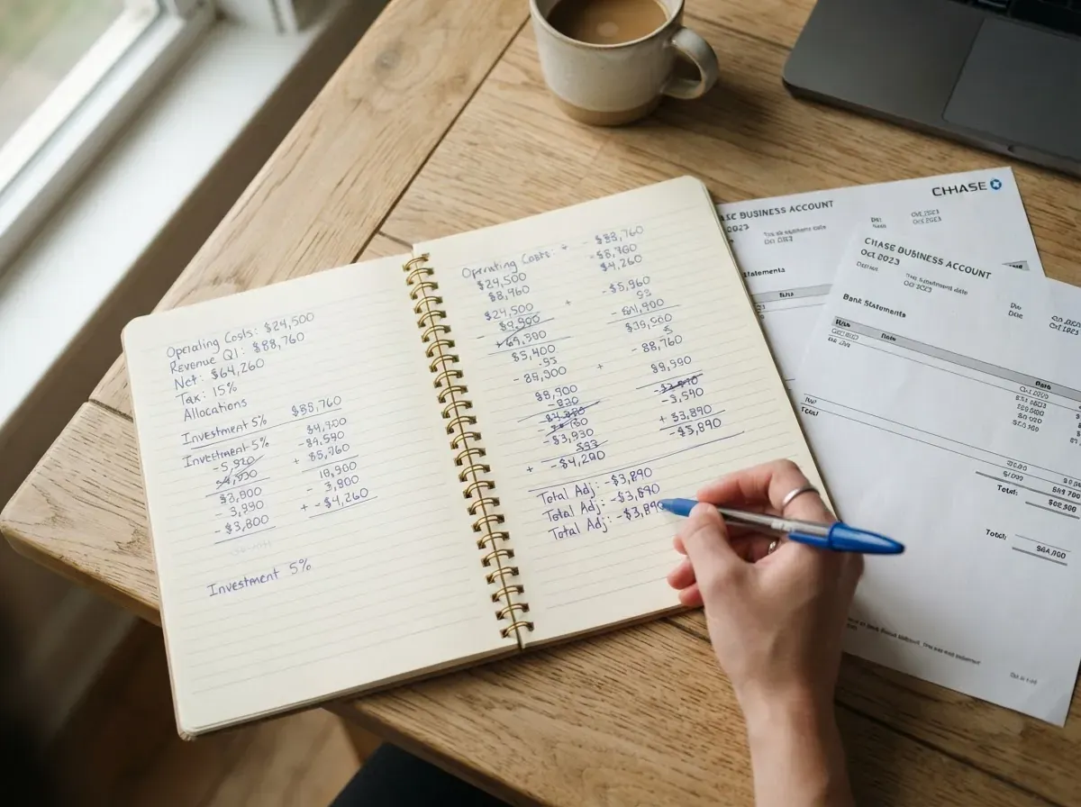 Notebook open to handwritten calculations with pen positioned on page, printed statements nearby, light wooden table, warm lamp accent