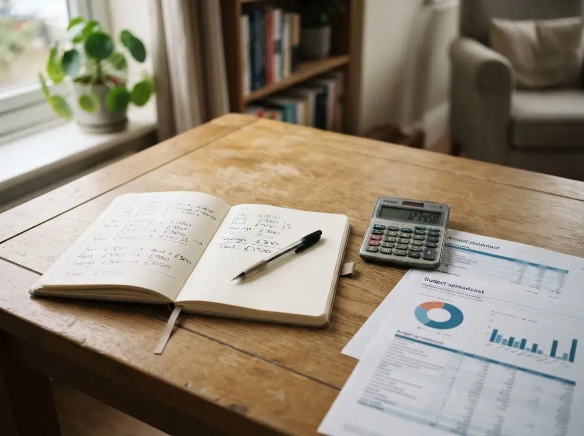Mesa com documentos, caderno e calculadora organizados para planejamento financeiro do casal.