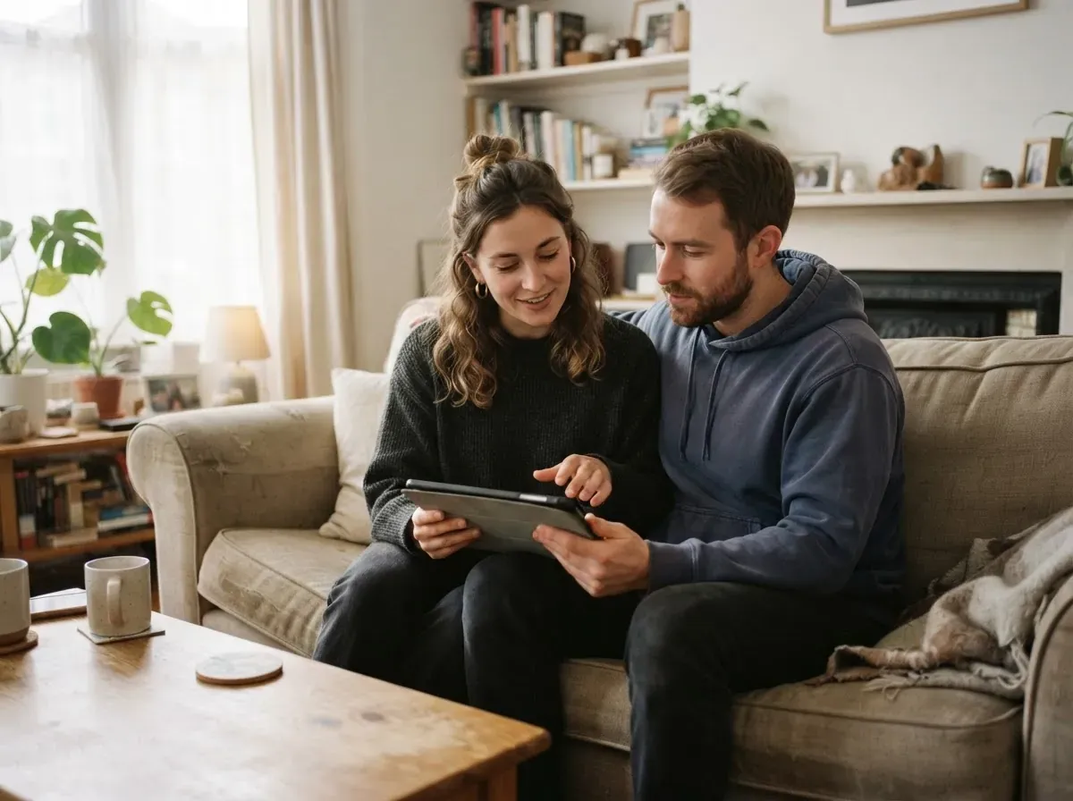 Casal conversando sobre planejamento financeiro em ambiente confortável, analisando documentos juntos.