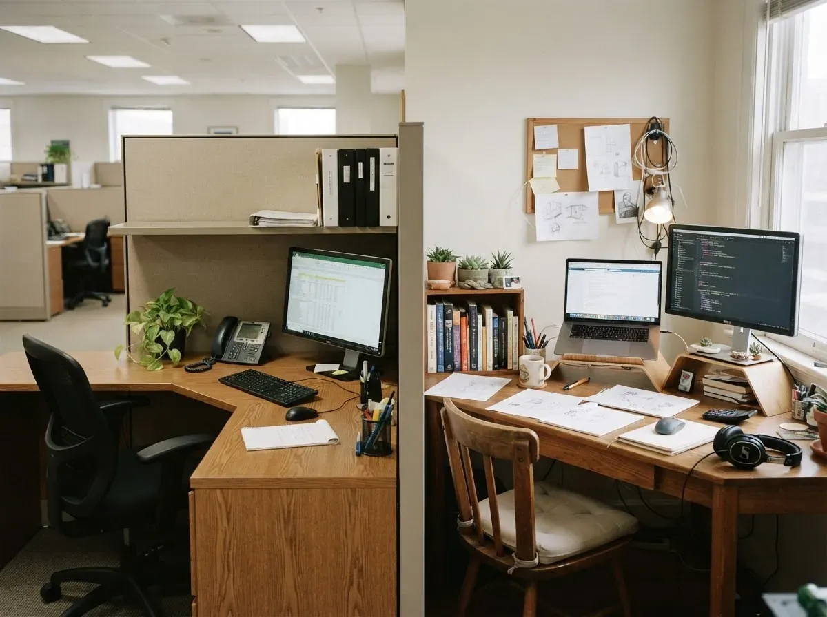 Dois ambientes de trabalho contrastantes, um corporativo e outro autônomo, representando diferentes níveis de estabilidade de renda.