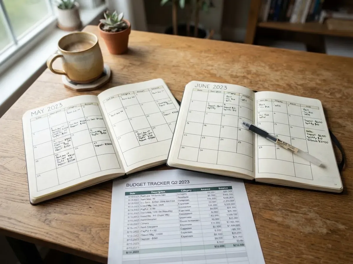 Dois cadernos com calendários manuscritos lado a lado em mesa de madeira, planilha e caneta entre eles