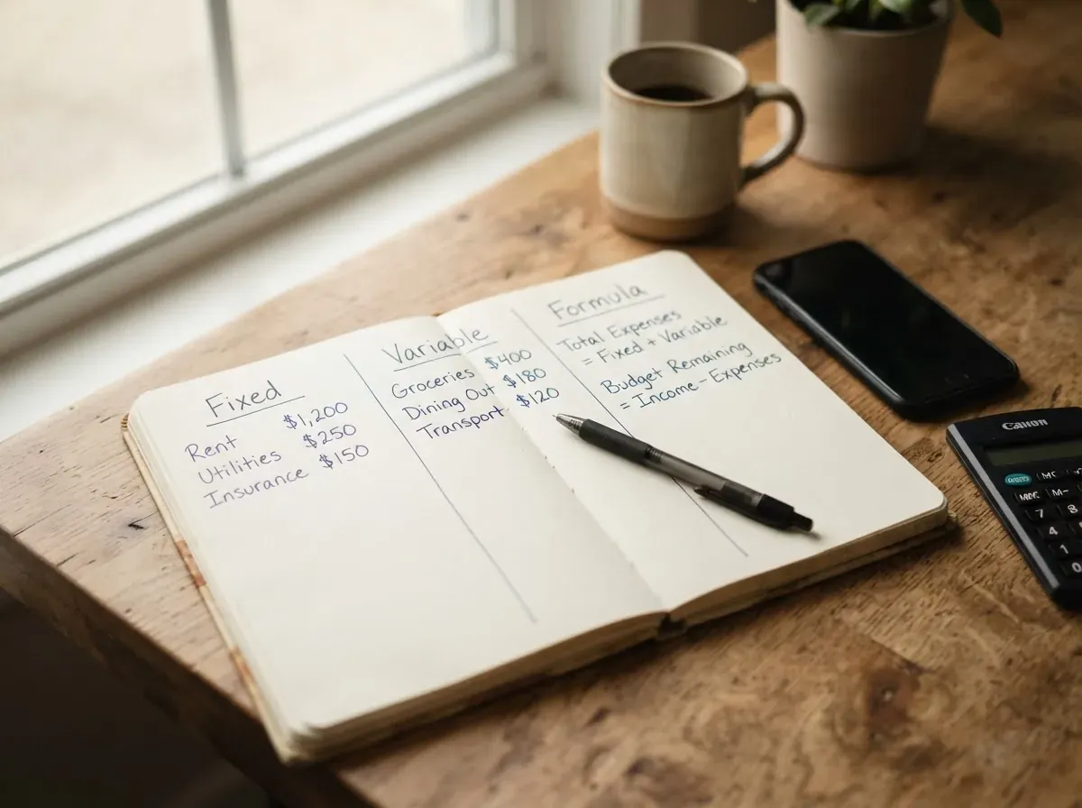 Caderno aberto com três seções manuscritas em mesa de madeira, caneta, smartphone e calculadora próximos