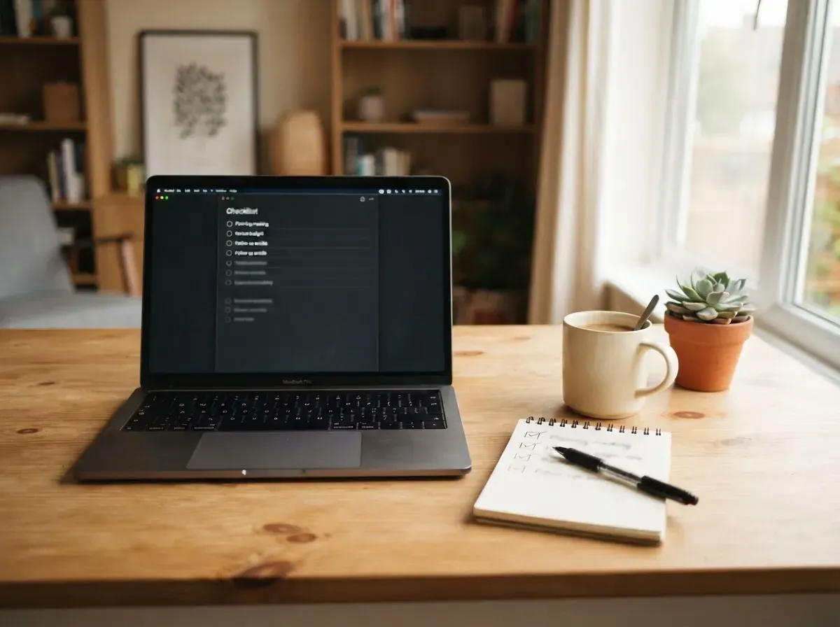 Laptop aberto sobre mesa de home office mostrando checklist com três passos, café quente, planta verde ao fundo, ambiente organizado e acolhedor.