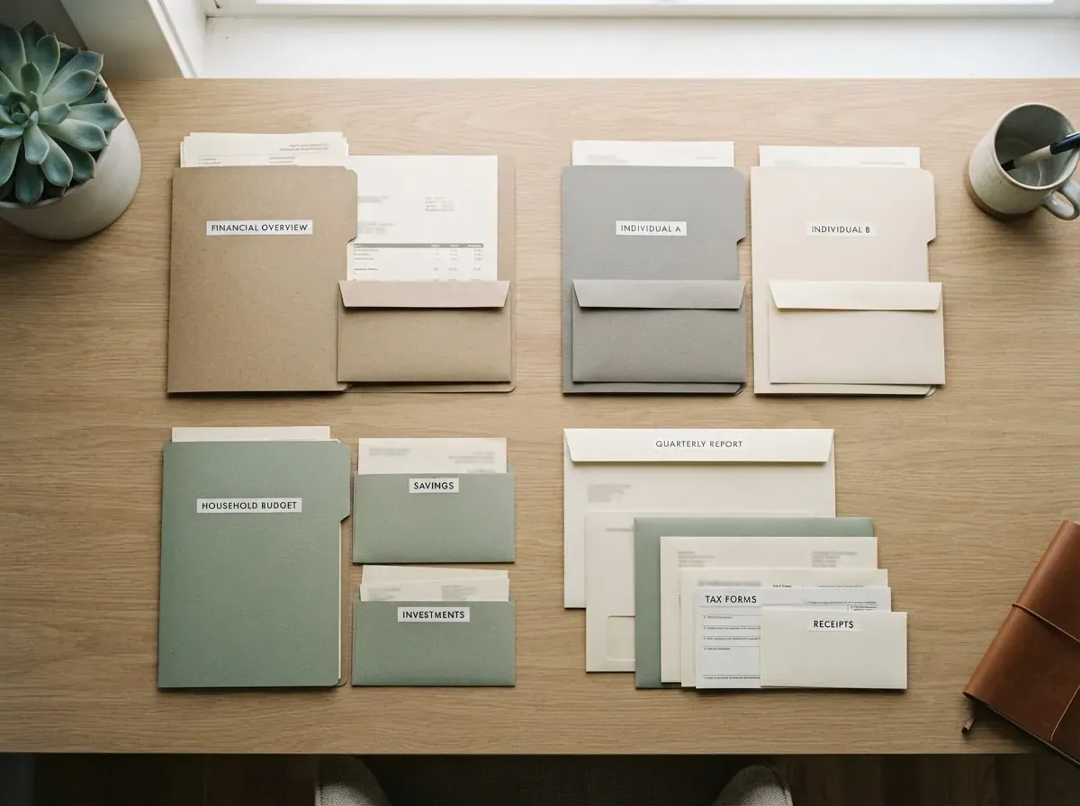 Visão superior de uma mesa de trabalho com quatro grupos distintos de documentos financeiros representando cada modelo de organização, agrupados por categoria com envelopes compartilhados e individuais