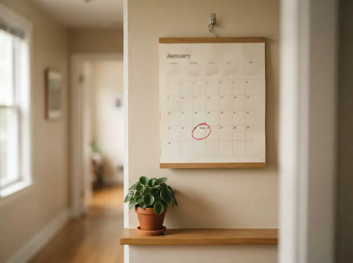 Calendário de parede com um dia marcado em destaque antes do fechamento da fatura, representando o checkpoint fixo do casal.