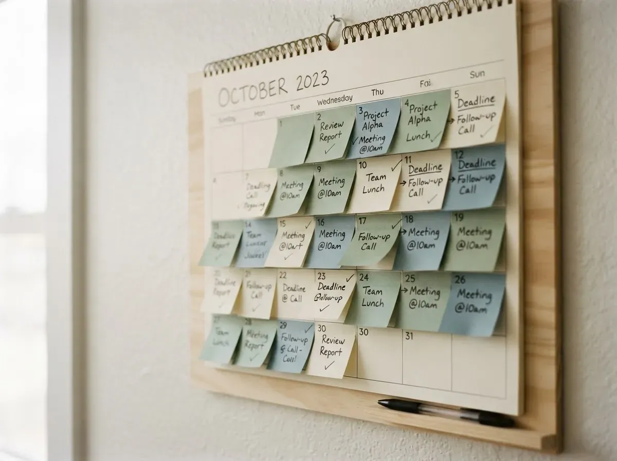 Calendário mensal na parede com várias datas marcadas com post-its coloridos em cascata, simbolizando o padrão repetido de brigas de casal mensais sobre dinheiro, luz natural suave, ambiente doméstico simples.