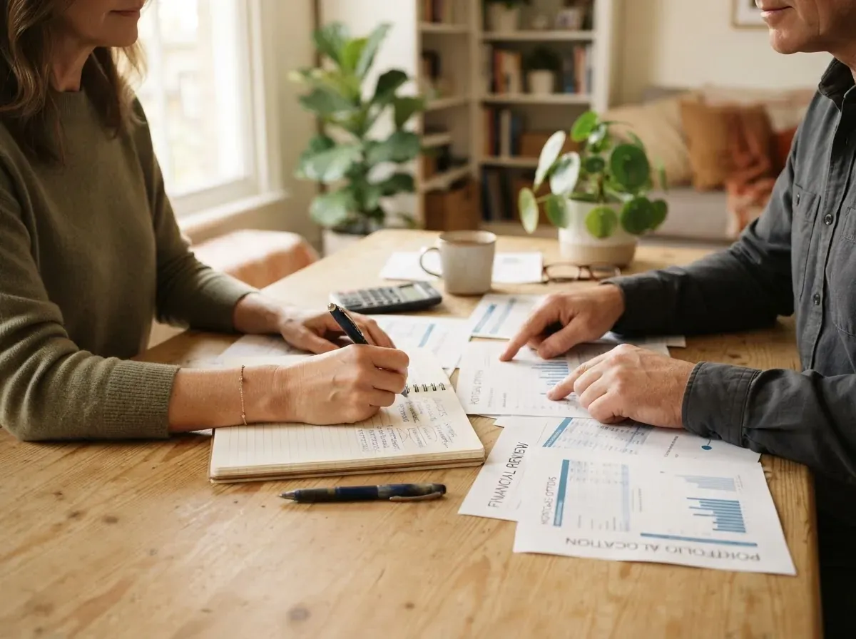 Duas pessoas sentadas à mesa de trabalho revendo documentos juntas, notebook aberto com anotações entre eles, focos nas mãos e no planejamento financeiro conjunto