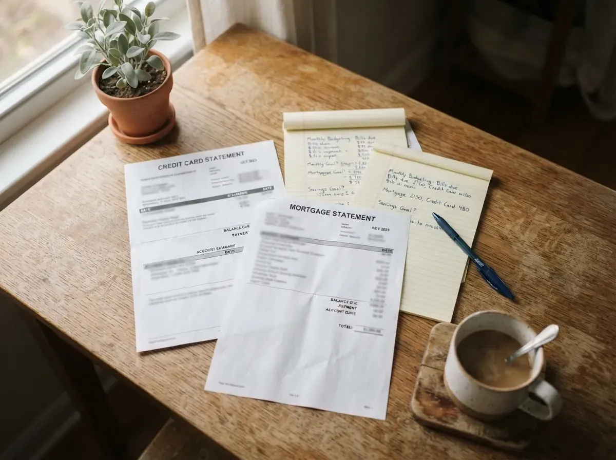 Boleto e anotações manuscritas sobre mesa de madeira, com caneta ao lado e uma xícara de café meia-vazia, luz natural suave de janela, paleta neutra de cores terrosas, demonstrando o esforço silencioso em acompanhar finanças que não é visto pelo parceiro.