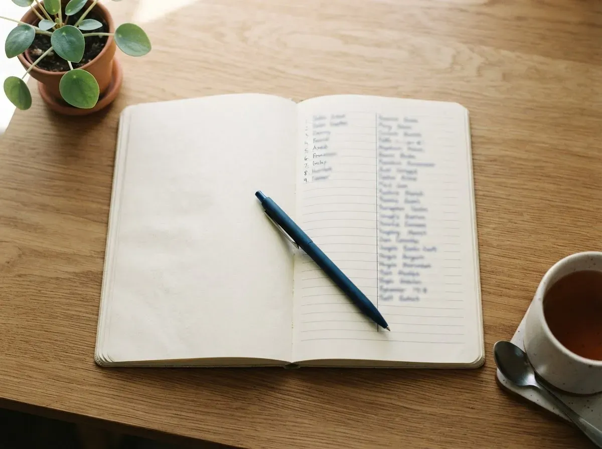 Caderno aberto com duas colunas escritas à mão, uma para compromissos já decididos e outra para gastos ainda em aberto.