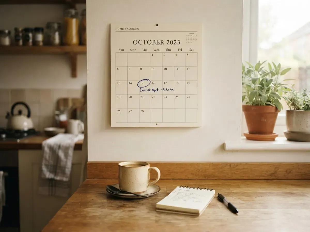 Mesa de cozinha com um calendário mensal marcado e uma caneta ao lado, representando a ordem combinada antes de qualquer gasto.