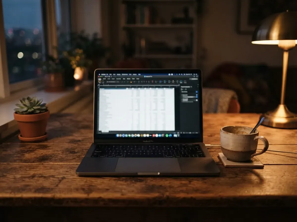 Notebook aberto numa mesa de cozinha à noite mostrando uma planilha com colunas de gastos, caneca de café ao lado.