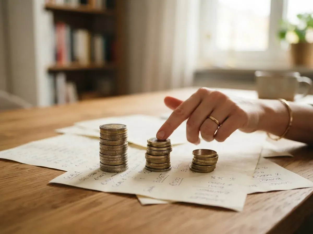 Moedas em três pilhas de alturas diferentes em uma mesa, mãos organizando os montes, documentos com números apenas sugeridos de fundo, ilustrando conceito de mudança e redistribuição