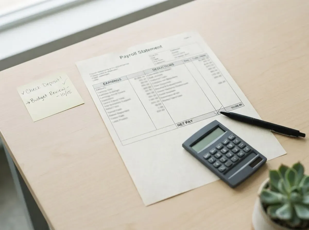 Contracheque ou demonstrativo de renda impresso sobre uma mesa, calculadora apoiada num canto, caneta preta apontando para a linha de renda líquida, anotações em post-it ao lado