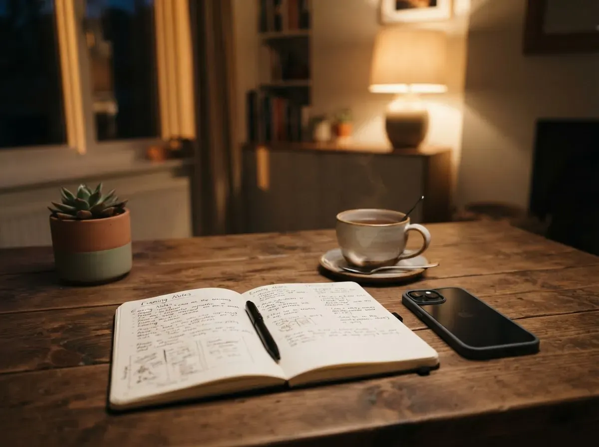Caderno e celular lado a lado numa mesa organizada, ambiente calmo, revisão de gastos sem tensão aparente.