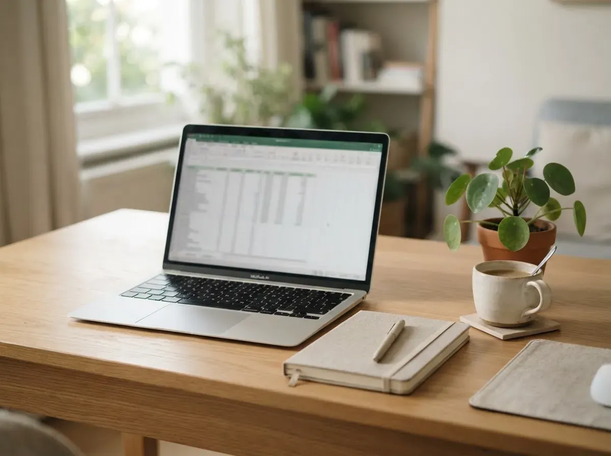 Mesa organizada com laptop aberto numa planilha simples, ambiente calmo, sem tensão aparente.