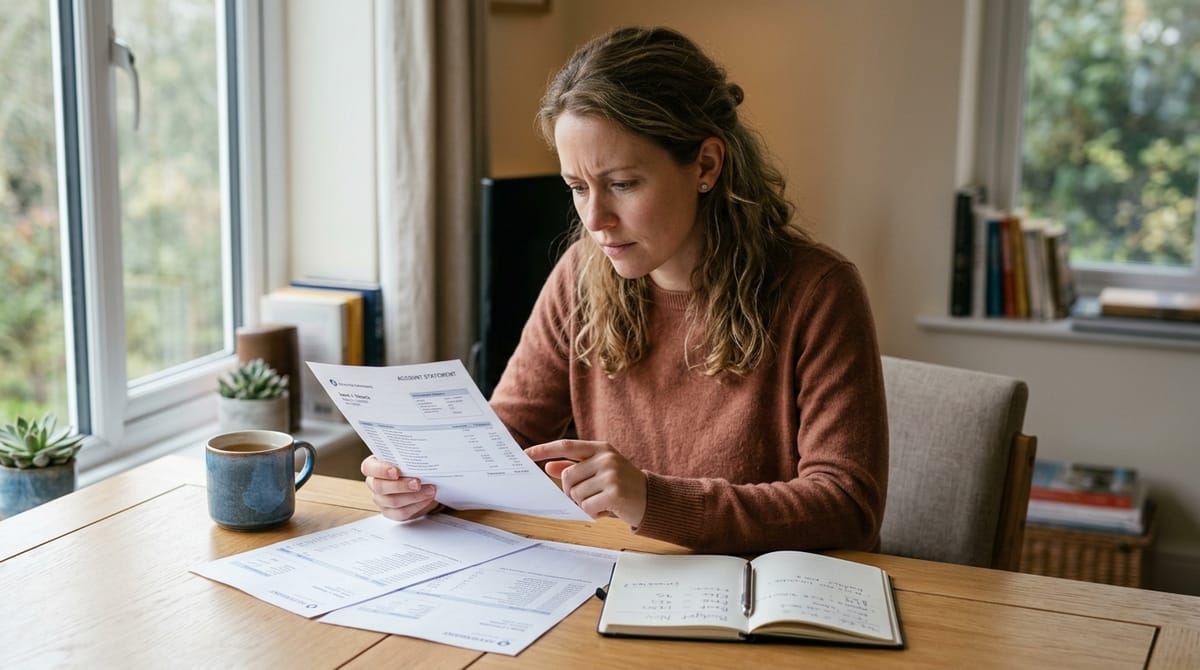 Mulher realizando diagnóstico financeiro pessoal à mesa com extratos bancários e caderno de anotações