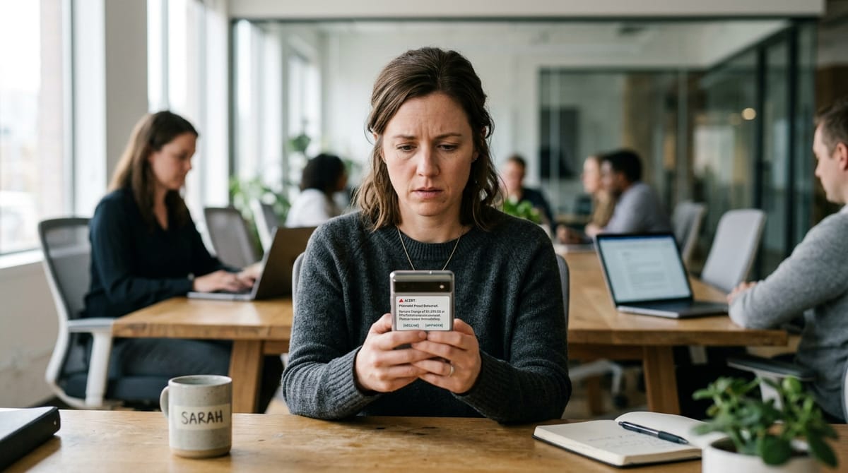 Mulher de trinta e poucos anos segurando um smartphone em reunião, rosto preocupado observando notificação de fatura do cartão de crédito com gastos invisívéis acumulados.