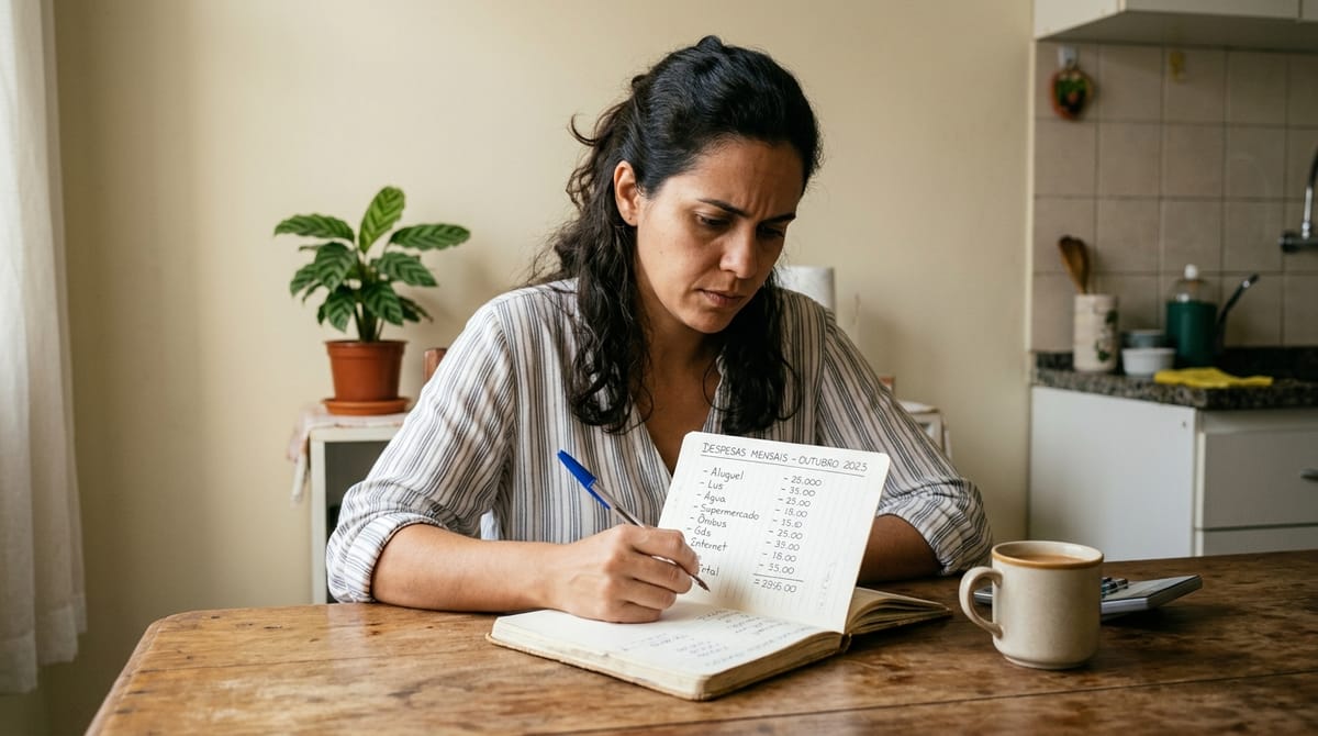 Mulher à mesa da cozinha revisando uma lista de limites de gastos fixos mensais, expressão pensativa, caneta na mão