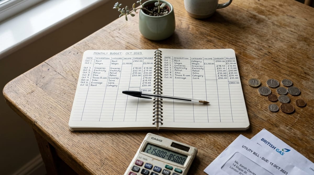 Mesa de cozinha com caderno de orçamento aberto, calculadora e trocados — ponto de partida para economizar ganhando pouco