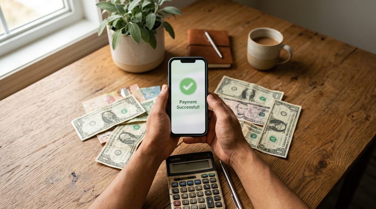 Mãos segurando um celular sobre uma mesa com contas a pagar, ilustrando o desafio de limpar nome online 2026 e manter as finanças organizadas.