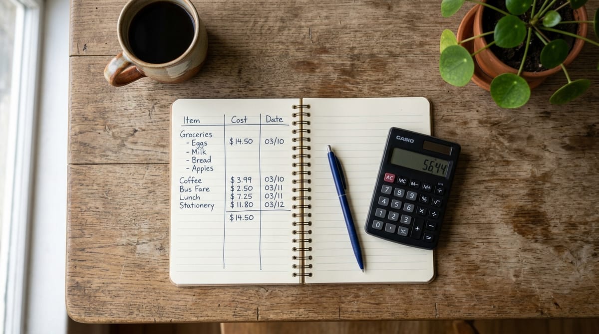 Caderno aberto sobre mesa de cozinha com três colunas de orçamento mensal escritas à mão — fixo, variável e guardar — com caneta e calculadora ao lado