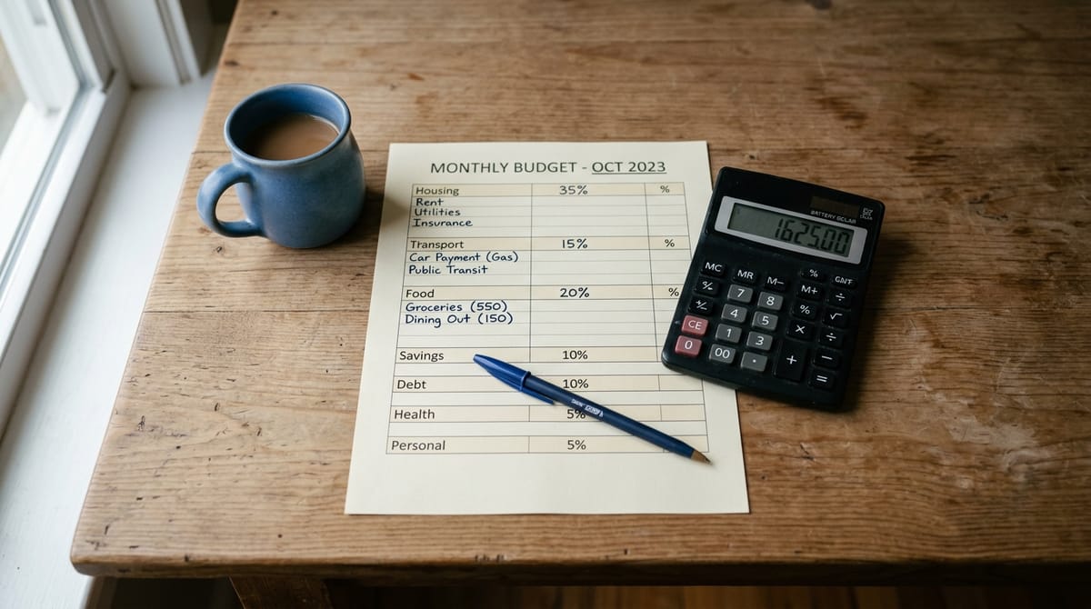 Mesa com planilha de orçamento mensal dividida em categorias, calculadora e caneta — análise de percentual de gastos por categoria no cotidiano real