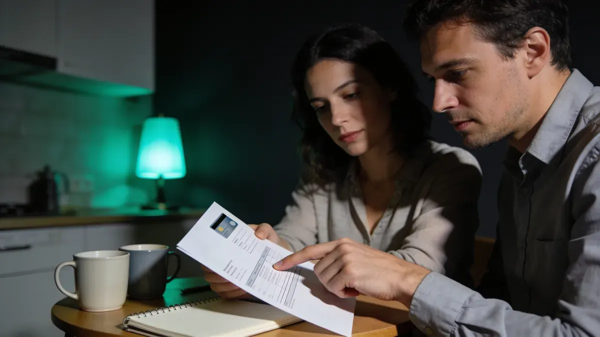 Casal revisando extrato de cartão à noite, expressão de compreensão compartilhada