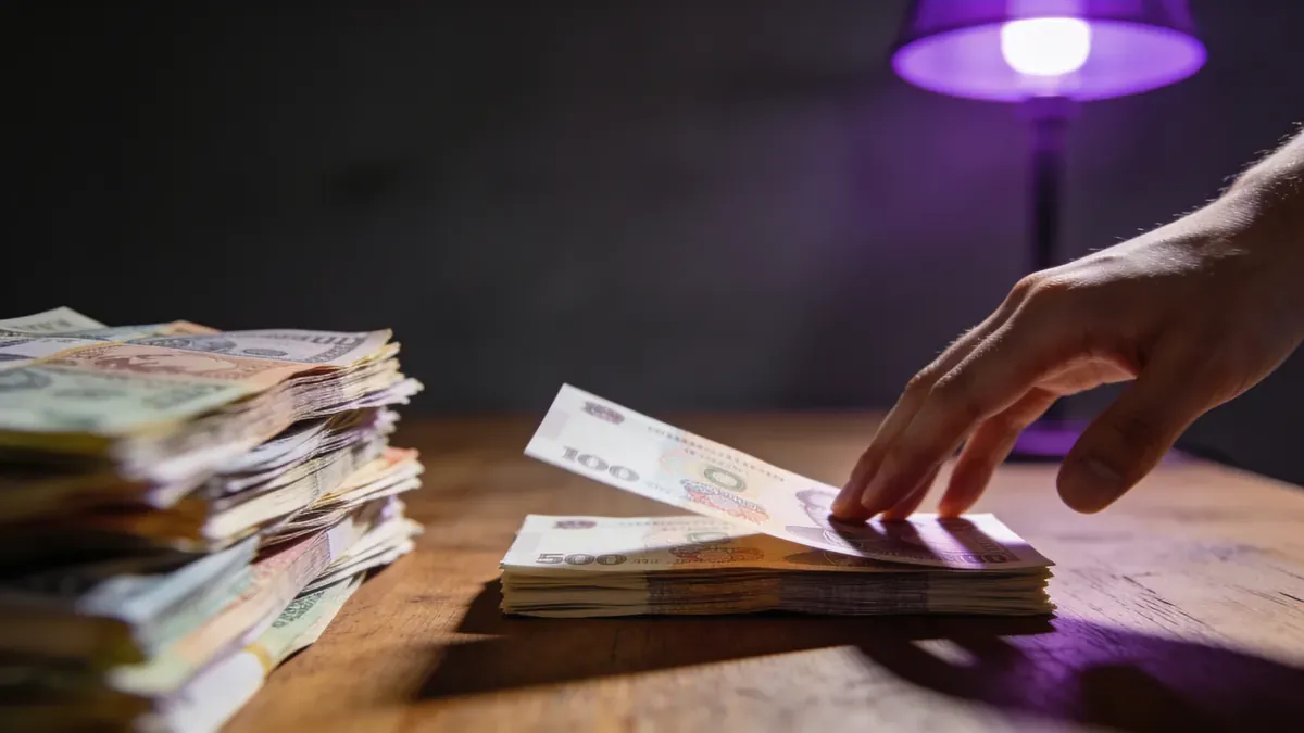Mão separando uma pequena pilha de notas de uma pilha maior de dinheiro sobre mesa, sugerindo a decisão de guardar antes de gastar
