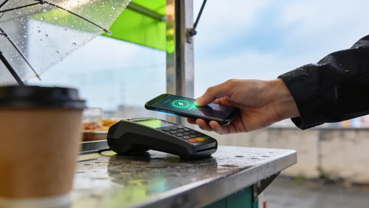Mão tapping smartphone em pagamento mobile no counter de uma banca de rua, foco no gesto de aproximação, luz natural com accent verde-esmeralda do reflexo de awning urbano.