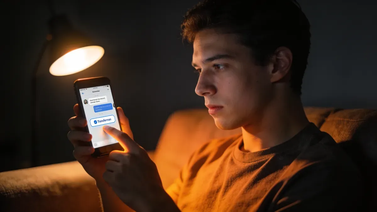 Pessoa jovem à noite em sofá, hesitação ao segurar smartphone com mensagem de transferência desfocada, dedo suspenso sobre botão de confirmar, luz dramática e contraste alto.