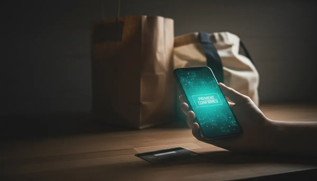 Mão segurando smartphone mostrando tela de pagamento confirmado na cozinha, cartão de crédito descansado ao lado, sacolas de compras ao fundo desfocadas.
