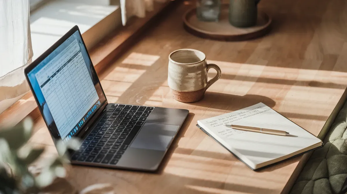 Notebook aberto mostrando planilha de controle financeiro com colunas de categorias e valores ao lado de uma xícara de café e caderno de anotações sobre mesa de madeira