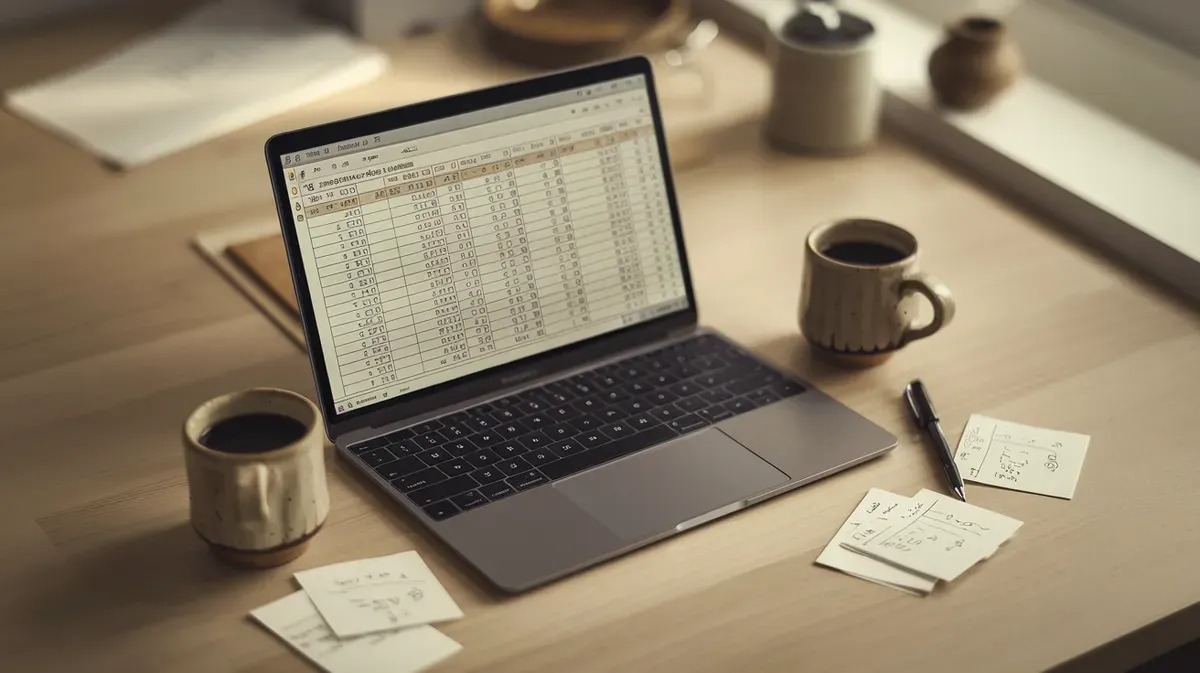 Planilha de controle financeiro para casal aberta no laptop na mesa da cozinha, com dois copos de café, caneta e anotações manuscritas ao lado, luz natural pela janela.