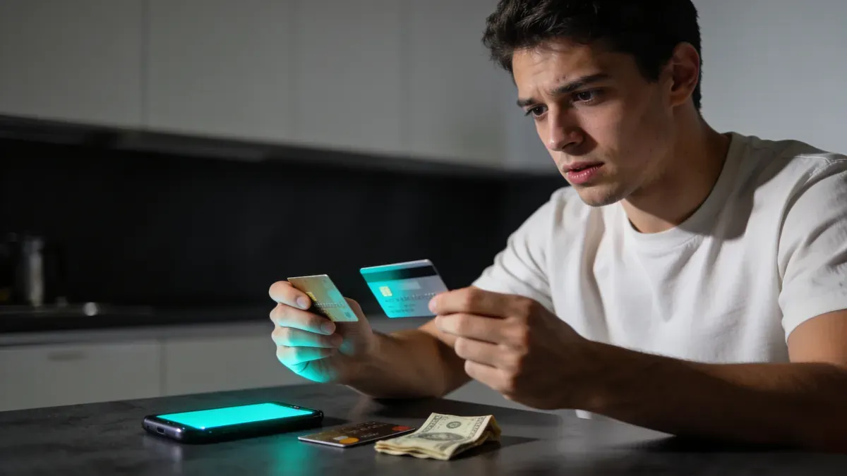 Jovem adulta à mesa da cozinha segurando um cartão de crédito novo, comparando com o antigo, expressão de alívio cauteloso, portabilidade de dívida do cartão de crédito como solução parcial