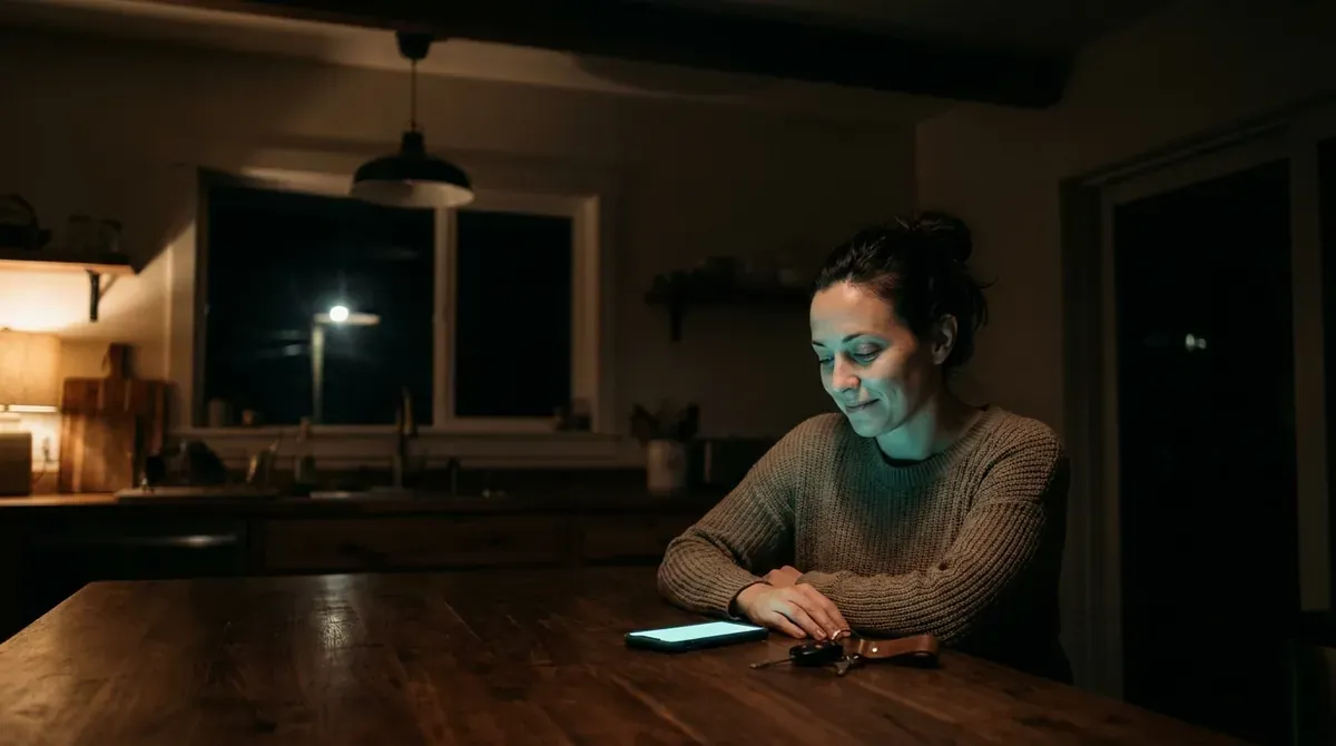 Mulher sentada sozinha à mesa da cozinha à noite, olhando o celular iluminado, com as chaves do carro ao lado