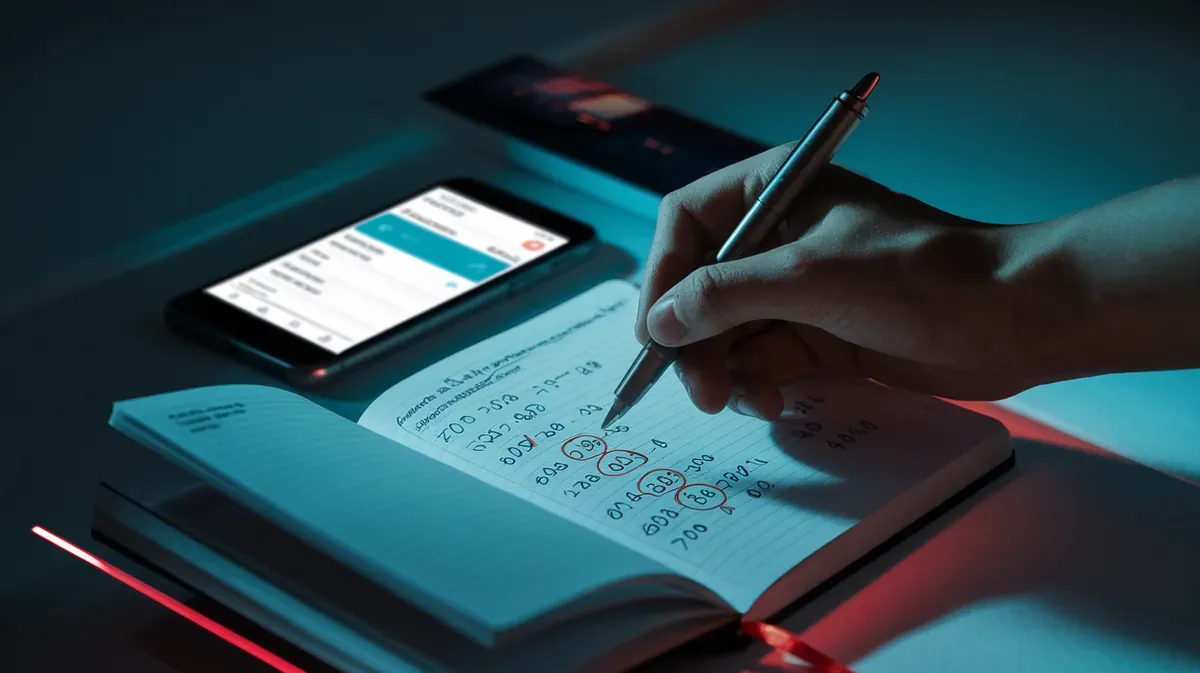 Mão segurando caneta sobre caderno aberto com números circulados e riscados, smartphone próximo com tela de busca desfocada, iluminação dramática e destaque em teal.