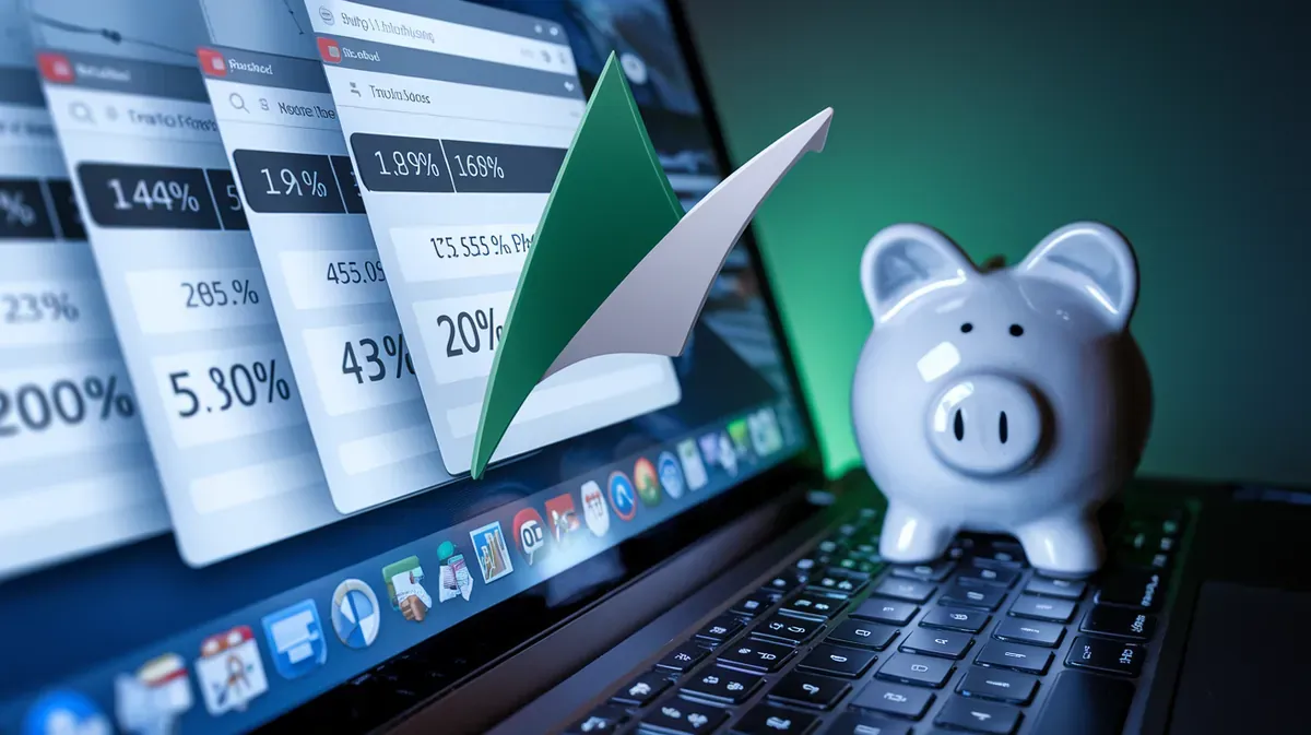 Tela de laptop com abas de comparação financeira, números desfocados, cofrinho cerâmico intocado ao fundo. Luz dramática, contraste alto, destaque em verde esmeralda.