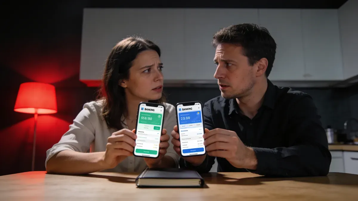 Casal em cozinha à noite comparando dois apps bancários em smartphones, expressões de confusão mútua, iluminação dramática com destaque em vermelho profundo