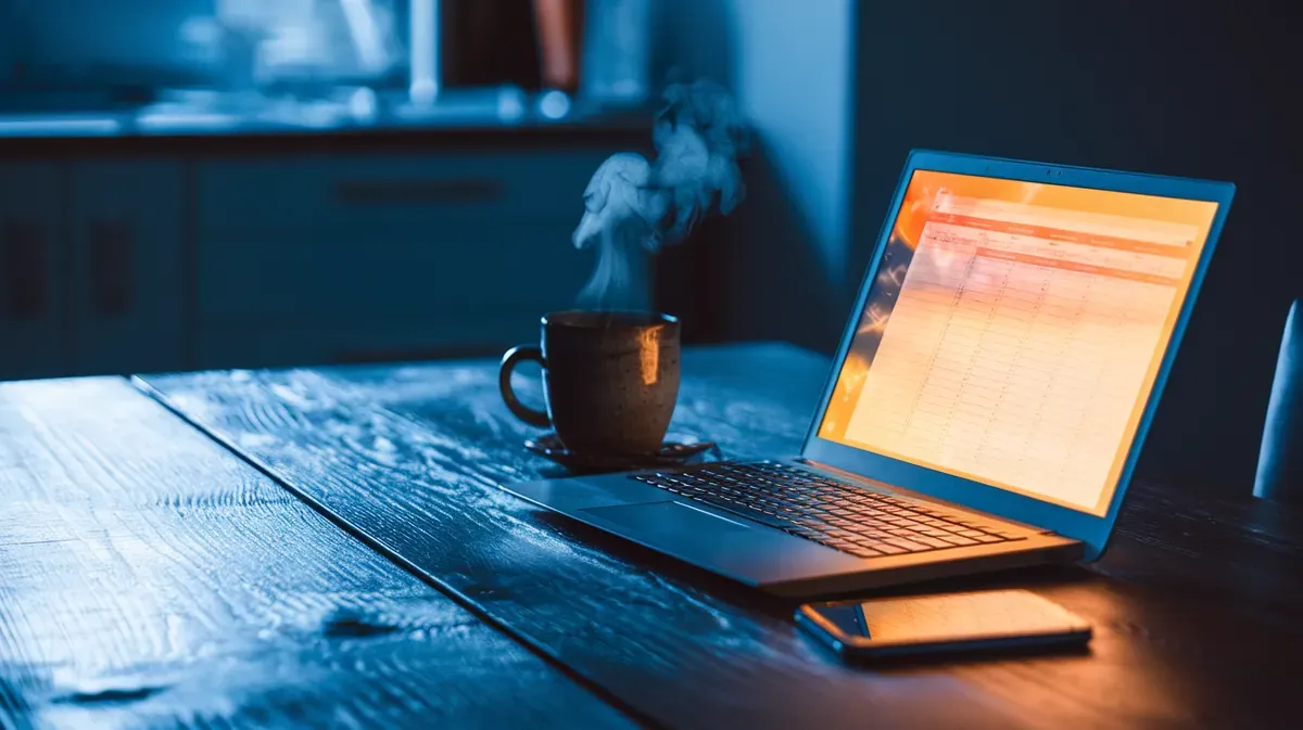 Laptop iluminado na mesa de madeira à noite com planilha de 5 colunas simples na tela, xícara de chá ao lado e celular deitado sobre a mesa.