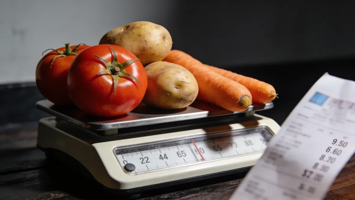 Legumes frescos (tomate, batata, cenoura) sobre balança de cozinha; recibo de supermercado desfocado ao fundo sugerindo economia com alimentos mais baratos