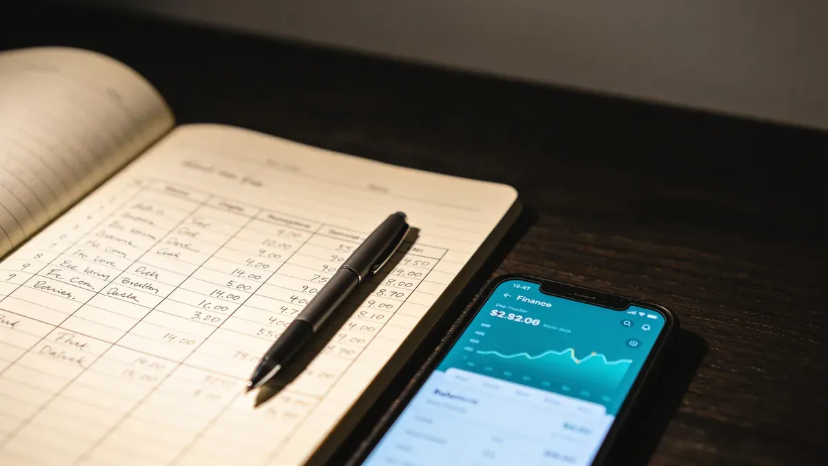 Notebook com planilha ao lado de smartphone com app de finanças, simbolizando a migração de dados entre dois formatos