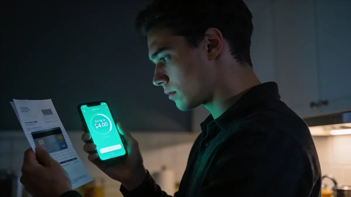 Pessoa em cozinha à noite segurando boleto impago em uma mão e smartphone com saldo de poupança na outra, expressão de indecisão, pesando as duas opções.
