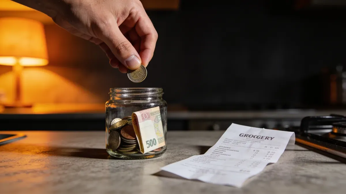 Mão depositando moeda em frasco de vidro com economias sobre balcão de cozinha, luz lateral dramática, fundo neutro escuro