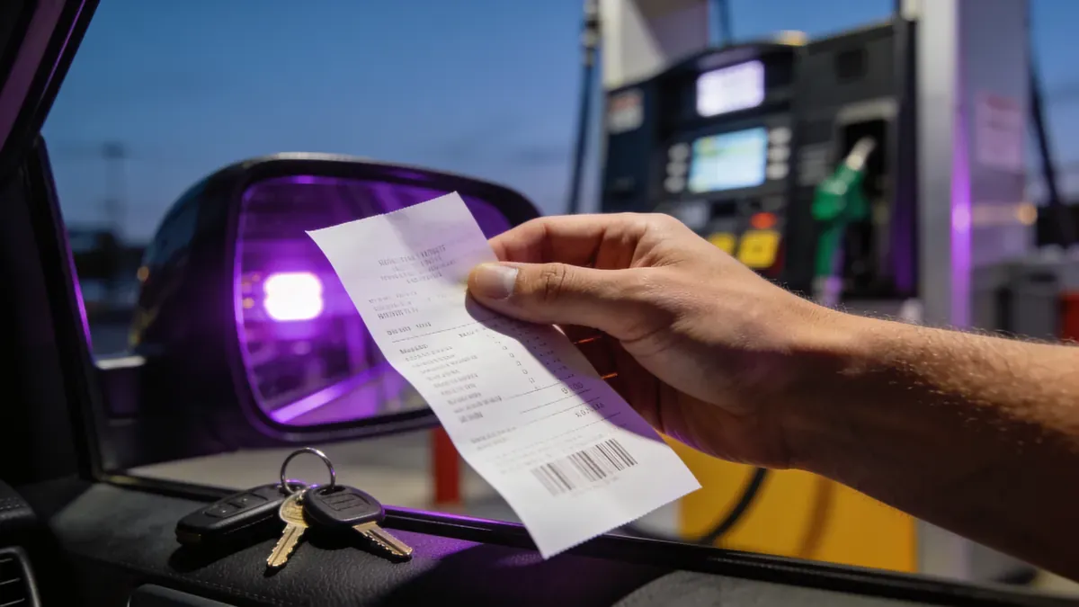 Mão segurando o recibo de abastecimento do posto de gasolina, com a bomba desfocada ao fundo, verificando a redução de imposto na gasolina e no etanol