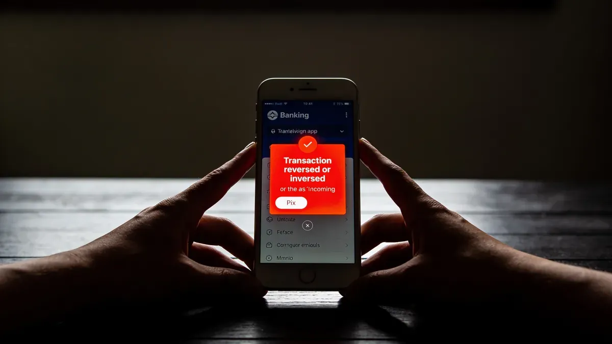 Notificação de Pix em tela de smartphone com luz dramática, mostrando alerta de devolução contestada