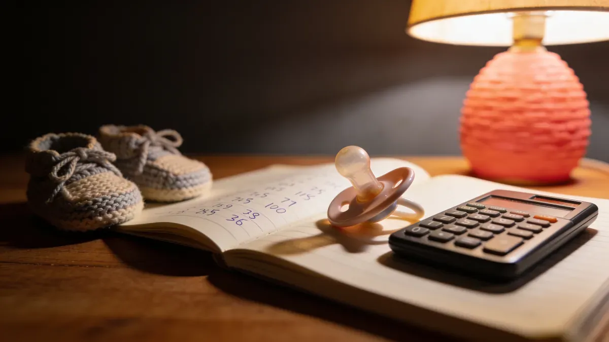 Pacifier and baby shoe beside a notebook with numbers and calculator, symbolizing the new financial calculations needed when a baby arrives.