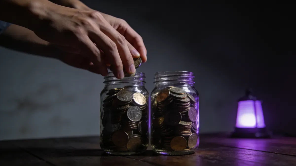 Duas jarras de moedas lado a lado numa mesa escura, mãos decidindo entre juntá-las ou mantê-las separadas, momento congelado da decisão.
