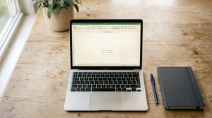Laptop aberto com planilha na mesa da cozinha, cursor no campo de alimentação, caderno e caneta ao lado — como sair do ciclo do mês que vem começa na percepção do padrão