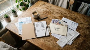 Mesa de cozinha com contas, caderno de anotações e envelope com notas separadas — representando o primeiro passo para começar reserva de emergência